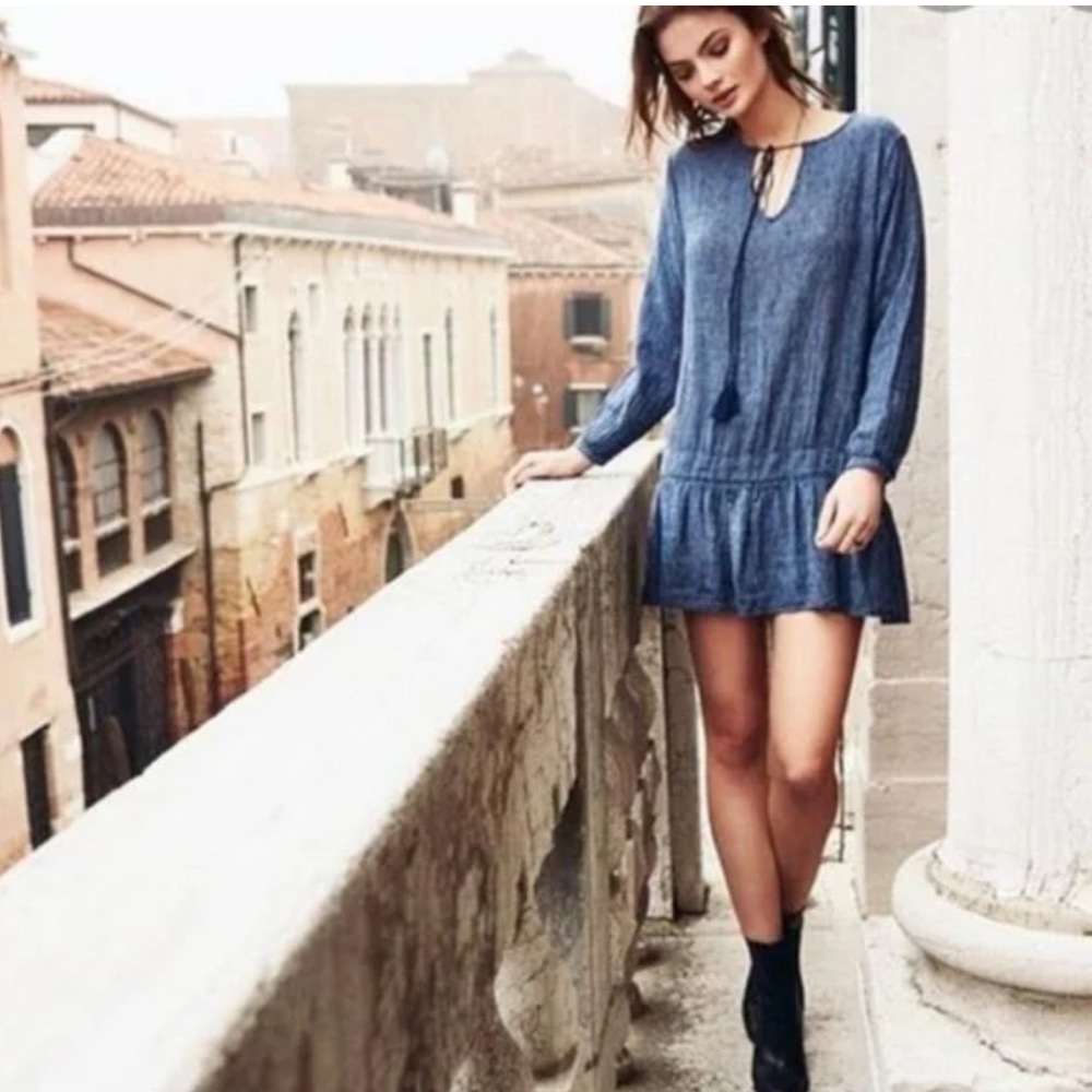 Rails Lydia Pin Striped Linen Blue/White Long Sleeve Mini Dress with Tassels